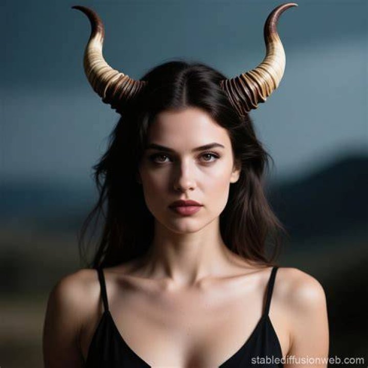 a woman with horns on her head is looking down at her hand and touching