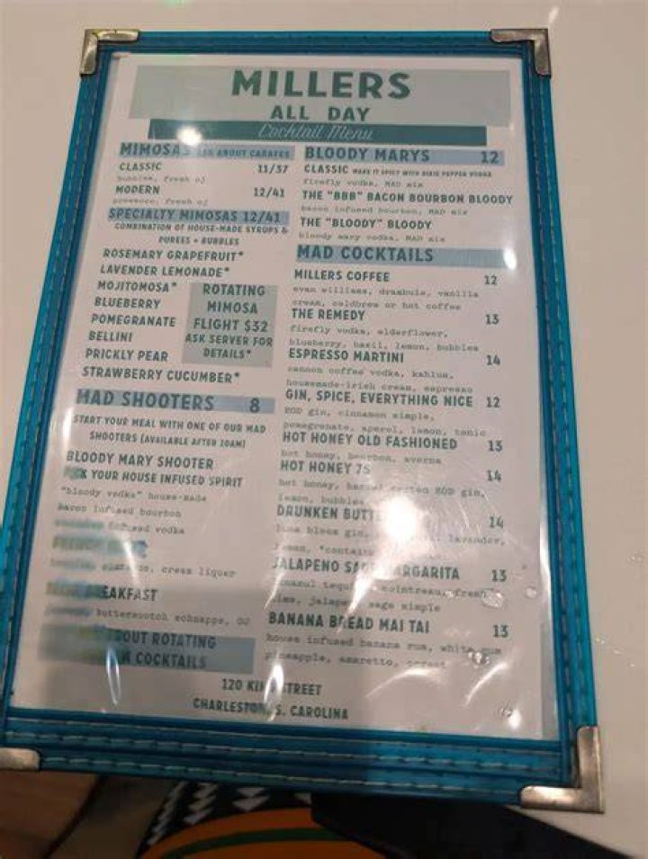 Menu at Millers All Day restaurant, Charleston