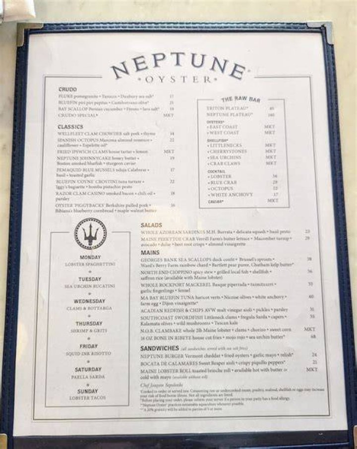 Menu at Neptune's Grille + Bar, Liberty City