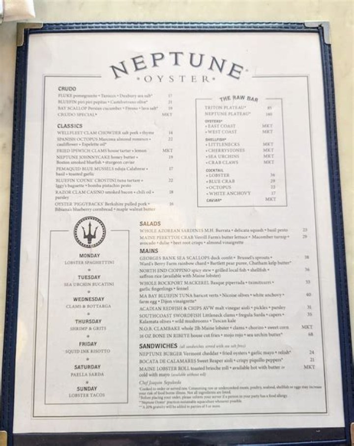 Menu for Neptune's Bar & Grille in Newark, NJ Sirved