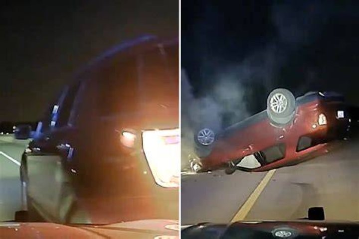 Shocking moment Arkansas trooper FLIPS pregnant woman's car at speed