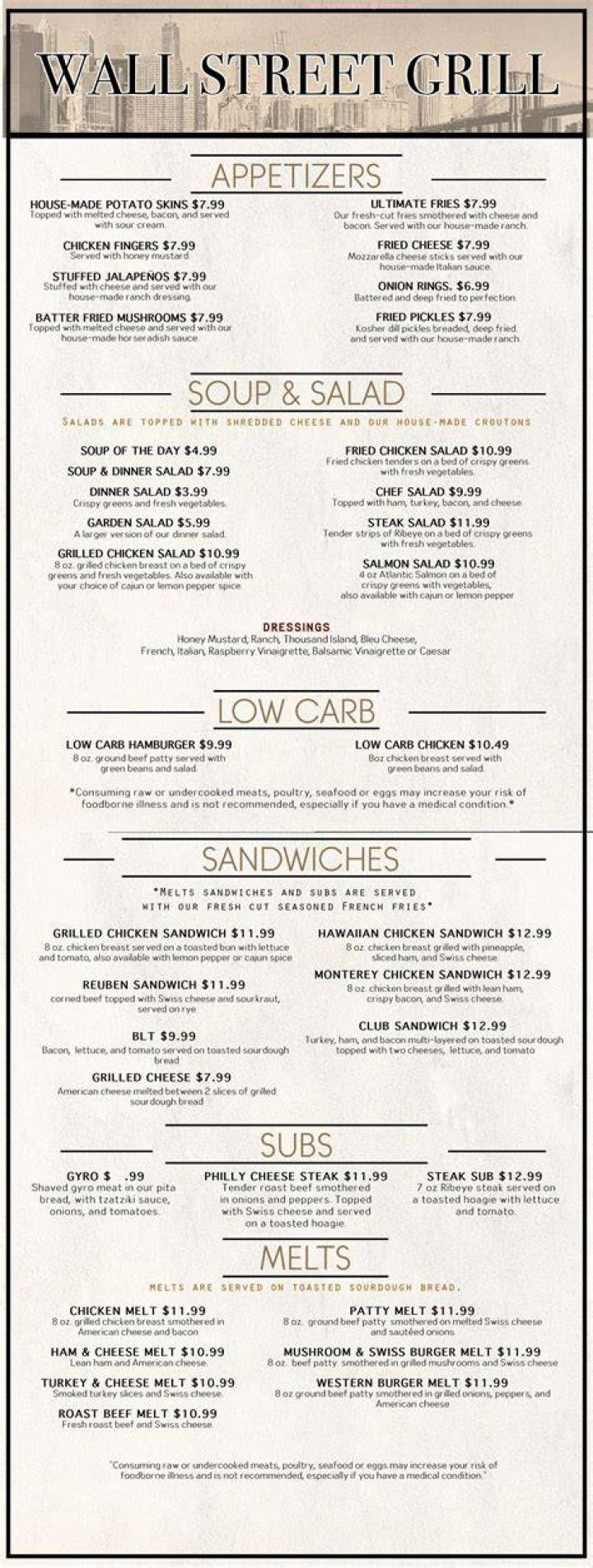 The Menu Wall Street Grill