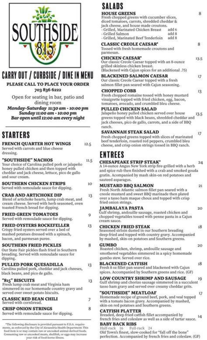 UPDATED MENU FRONT Southside 815